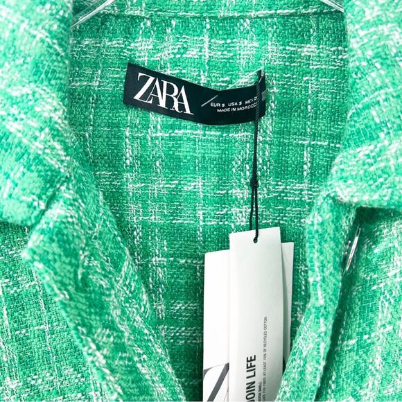 NWT ZARA Plaid Tweed Button Down Overshirt S Green - Picture 5 of 6